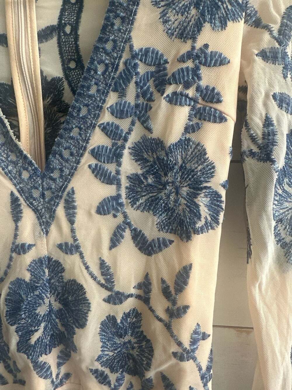 Honey Punch Blue Floral Embroidered Mesh Long Sleeve Bodysuit, Size XS - Picture 4 of 6
